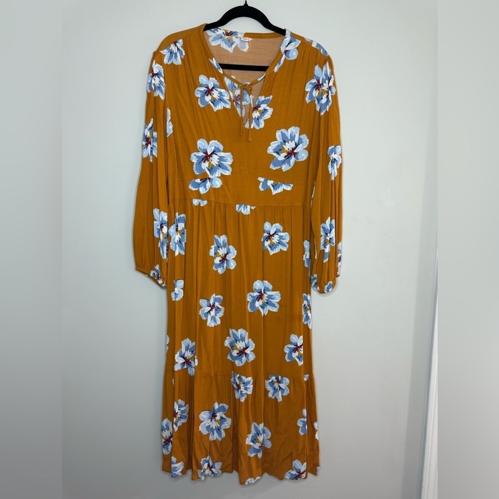 Vintage Mustard Yellow Floral Maxi Dress Boho Long Sleeve Tie Neck Cottagecore - Picture 1 of 6